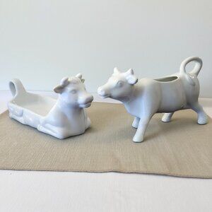 Vintage French Cow Creamer and Butter Dish: White Ceramic Farmhouse Kitchen Deco